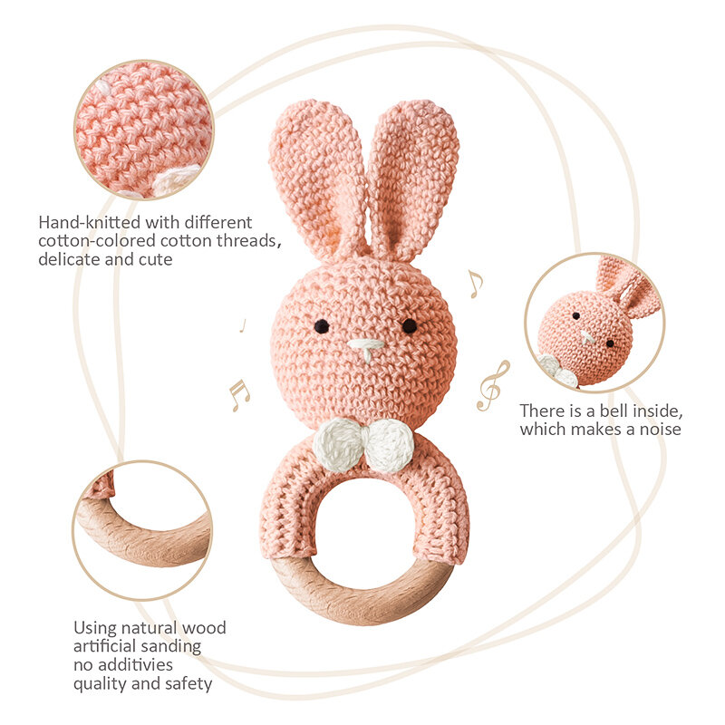 TYRY.HU Baby Small Rabbit Wood Rattle Wooden Teether Mobile Pram Crib Ring DIY Crochet Rattle Soother Bracelet Teether BPA Free