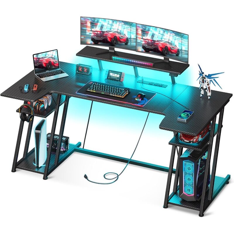 60 Inch U Shaped Desk With Power Outlet Gaming Computer Desk With Storage Shelves Carbon Fiber Texture Black