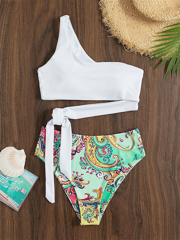 Women Summer Fashion Sexy Solid Color Printed One-Shoulder One-Piece Swimsuit Bikini With A High Waist