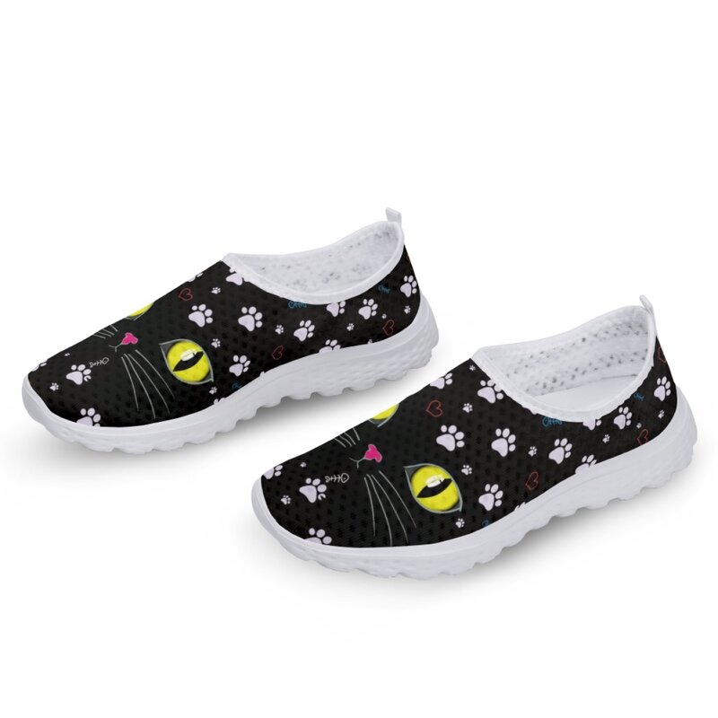 INSTANTARTS Black Cats Face Cartoon Pattern Women's Outdoor Flat Shoes Lightweight Slip-on Mesh Footwear Casual Zapatillas Mujer