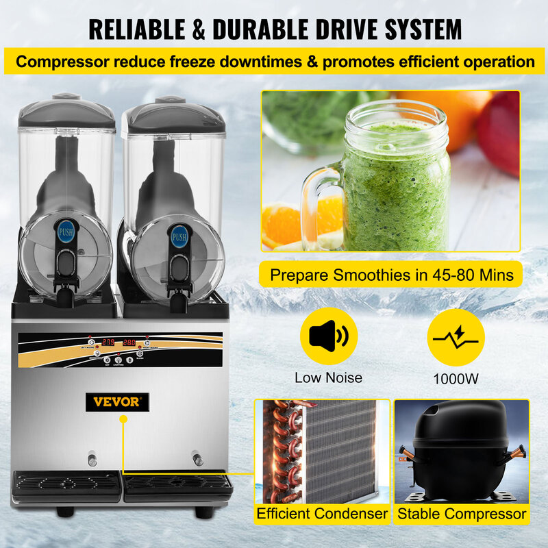 VEVOR mesin Slushy komersial 2x15L, Dispenser minuman jus dingin baja tahan karat untuk rumah Bar dan restoran