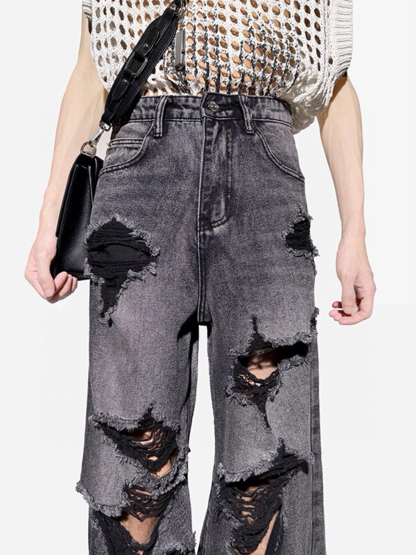 Pantalones vaqueros con agujeros dañados para hombre y mujer, pantalón holgado de pierna ancha, estilo Hip hop, Y2k