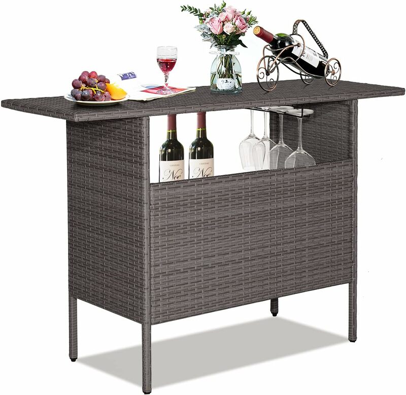 Outdoor Patio Wicker Bar Table, 2 Storage Shelves, 55''W Tabletop, Rails for Hanging Wine Glasses, Metal Frame, Rattan Bar Table