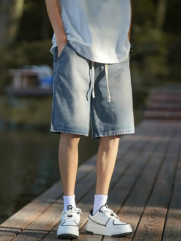 2024 nowe letnie spodenki jeansowe męskie koreańskie modne jednolite workowate spodenki jeansy Retro męskie bawełniane krótkie spodnie dżinsowe na co dzień