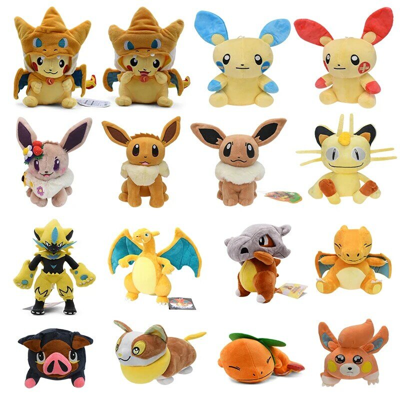 Pokémon Brinquedos de pelúcia, Meowth, Pikachu, Porque, Evee, Charizard, Cubone, Zeraora, Yamper, Charmander, Pawmi, Lechonk, Victini, Desenhos animados
