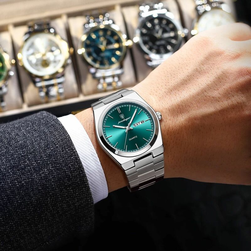 Podedagar-男性用高級クォーツ腕時計,ボックス付き腕時計,防水,発光,週,ステンレス鋼