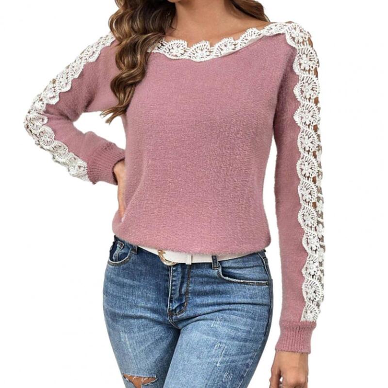 Lightweight Breathable T-shirt Breathable Women Top Women's Patchwork Color Pullover Tops O-neck Hollow Lace Splicing Loose Fit