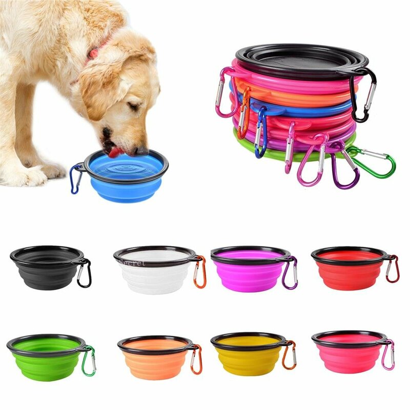 Mangkuk air makanan anjing silikon hewan peliharaan dapat dilipat, perlengkapan lipat portabel perjalanan berkemah luar ruangan dengan Carabiner