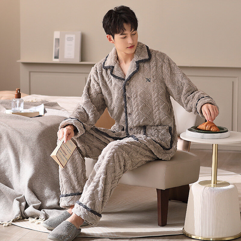 Men's Pajamas Autumn Winter Long Sleeve Sleepwear Plush Velvet Cardigan Pyjamas Male Lounge Pajama Sets Big Yards M-XXXL Pijamas