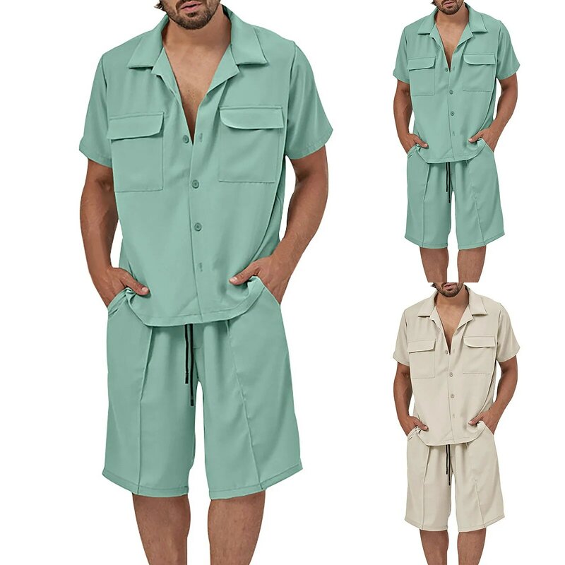 Linho e algodão duas peças para homens, casual, cor sólida, camisa e shorts de manga curta, roupas de praia, férias, lazer