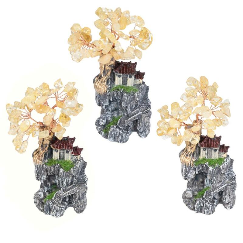 Rumah Resin Mini pohon batu kristal alami, lanskap mikro untuk dekorasi rumah ornamen Desktop