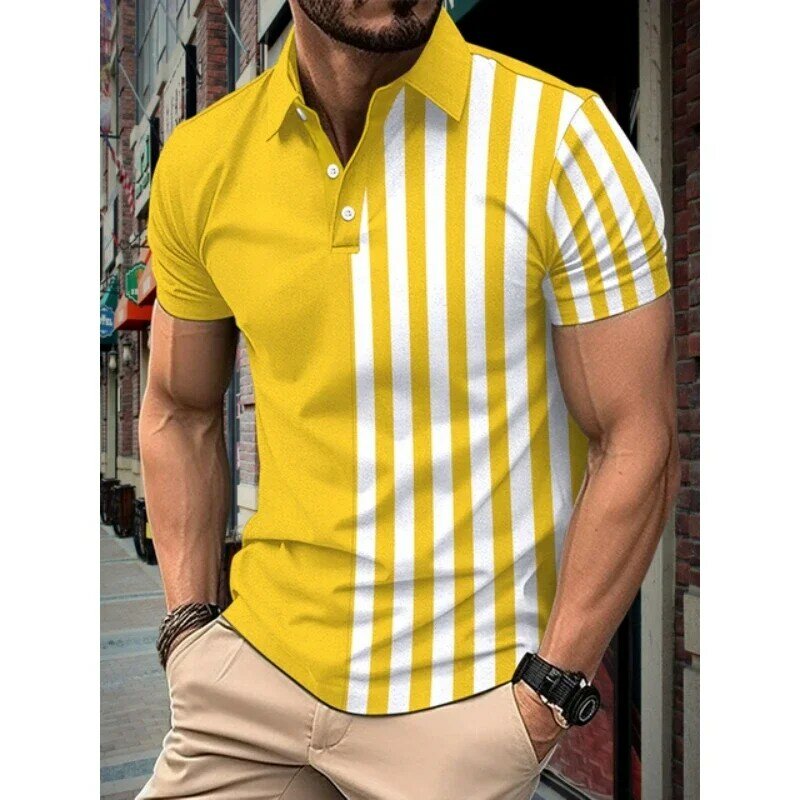 Camiseta polo com estampa listra 3D masculina, tendência de rua, blusa de manga curta, camisa casual de botão de lapela, moda golfe, moda verão