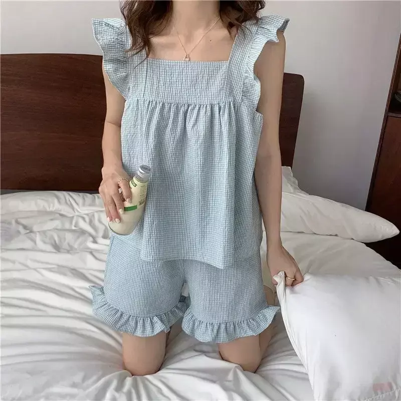 Piżama damska w kratę zestaw szortów piżama z koreańskie Kawaii rękawem muchowym piżama marszczona na lato ubrania domowe kombinezon koszula nocna