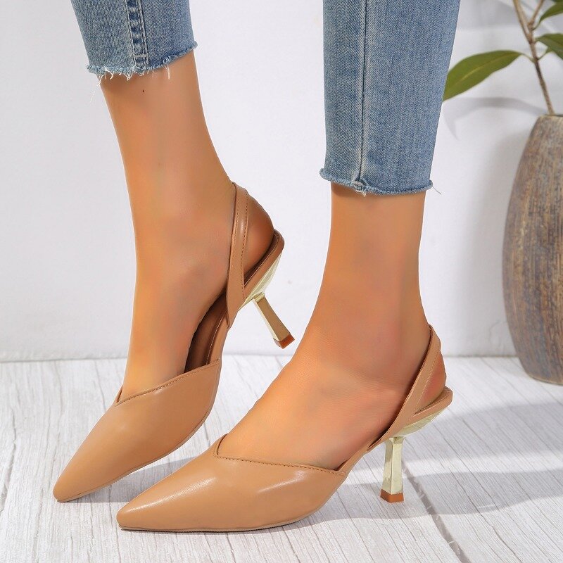 Women's Shallow Mouth Slip-on High Heels Summer New Style Baotou Sandals Elegant Solid Color Sexy Pointed Toe PU Leather Sandals