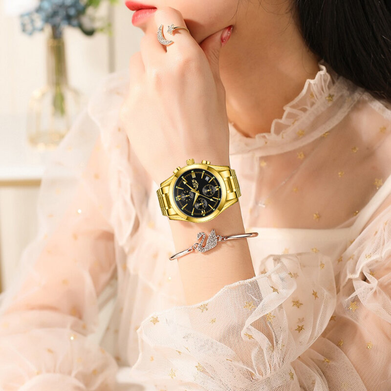 LIGE แฟชั่นผู้หญิงนาฬิกายี่ห้อ Luxury Gold นาฬิกาข้อมือผู้หญิงสแตนเลสสตีลคลาสสิกสร้อยข้อมือหญิงนาฬิกา Relogio Feminino + กล่อง