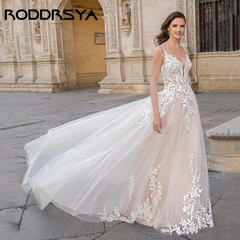 RODDRSYA gaun pengantin applique tali spageti gaun pengantin gaun pengantin kereta api Sweep A-line gaun pengantin buatan khusus vestidos de novia