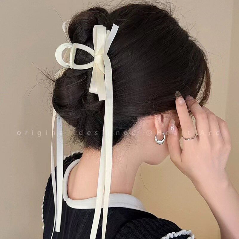 Ribbon Bow Hair Grab Hairpin For Women Elegant Back Head Pan Hair Frosted Hairclip Shark Clip Fashion Hair Accessories 2024