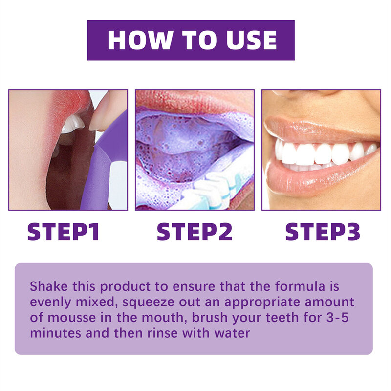 Mousse nettoyante pour les dents V34, presse en bouteille violette, étiquettes de dentifrice, blanchiment des dents, élimination des SAF, nettoyage dentaire, 30ml