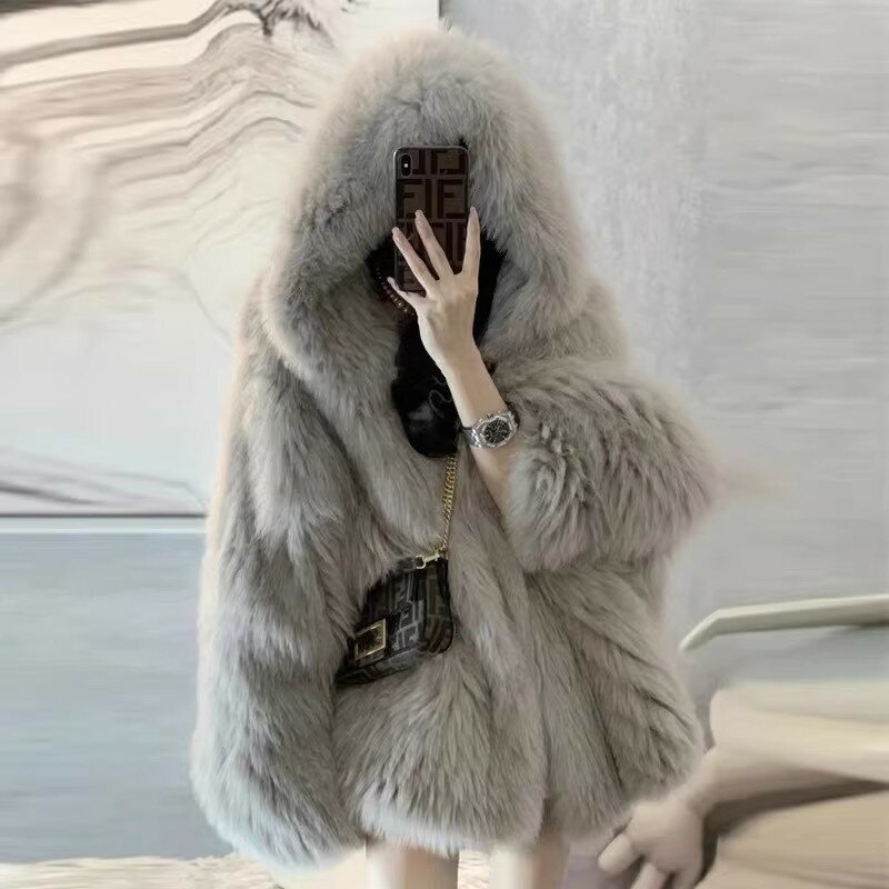 Abrigos tejidos a mano de piel sintética Natural para mujer, sudaderas con capucha de doble cara, Tops gruesos, chaquetas para mujer, moda de invierno
