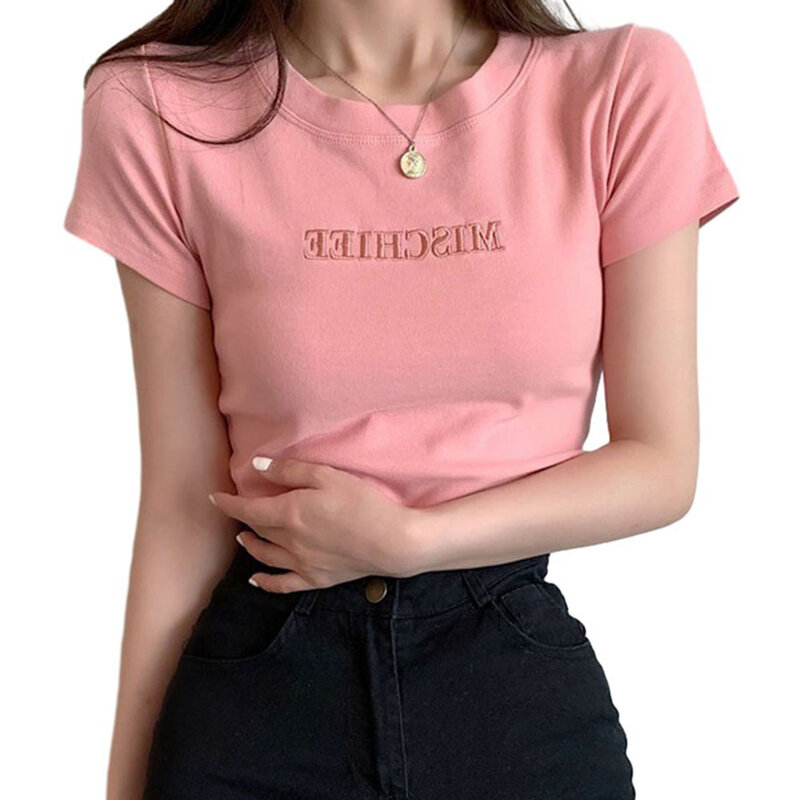 Comfortable Casual Daily Women Top T-Shirt Cotton Embroidered Medium Elasticity Round Neck Short Sleeve Spring