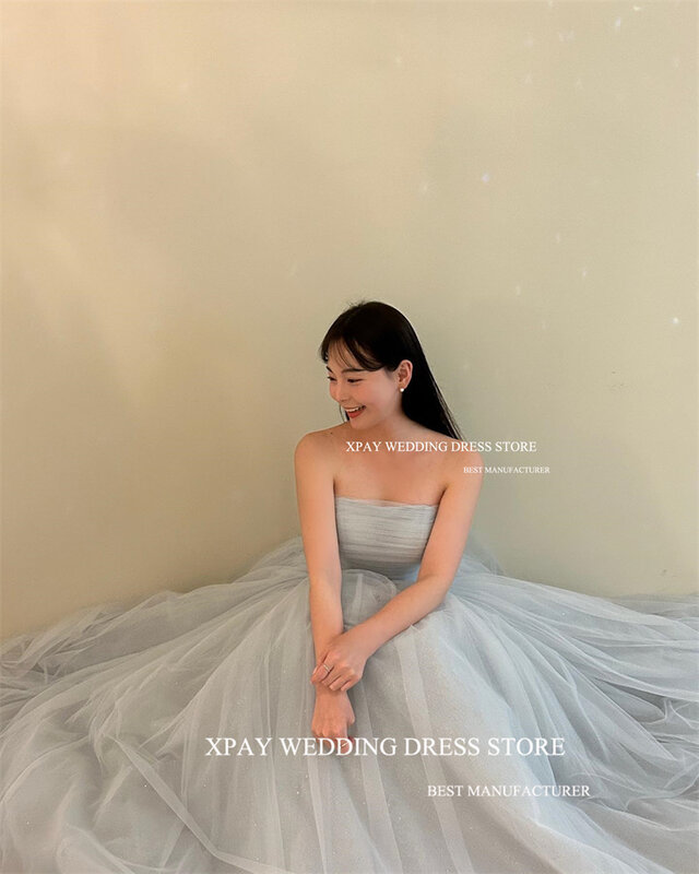 XPAY Simple Dusty Blue Soft Tulle Korea Prom Dresses Strapless Lace Up Back Evening Gowns Wedding Photo shoot Floor Length