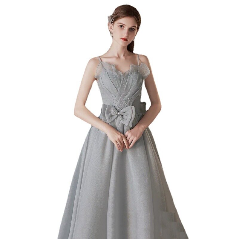 Elegant Spaghetti Strap Prom Dresses 2022 Women Grey Beading Long A-Line Tulle Evening Gowns