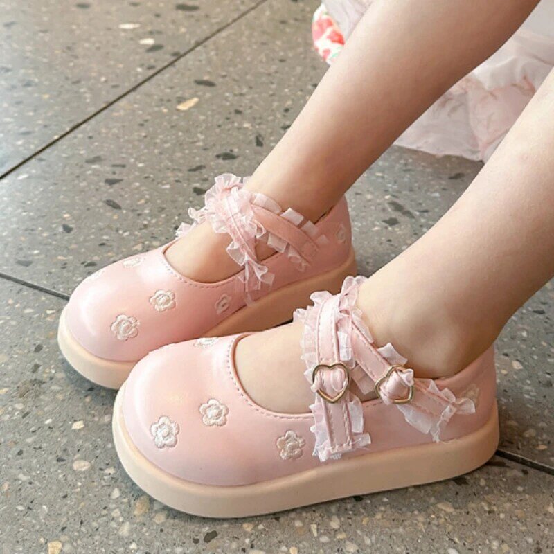 Zapatos planos de cuero para niña, zapatillas de princesa bordada con flores, Mary Jane, dulce e informal, a la moda, primavera y otoño
