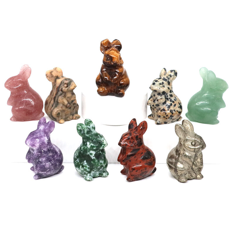 1.5" Rabbit Statue Natural Gemstone Crystal Hand Carving Bunny Healing Energy Stone Animal Figurine Crafts Home Decoration Gift