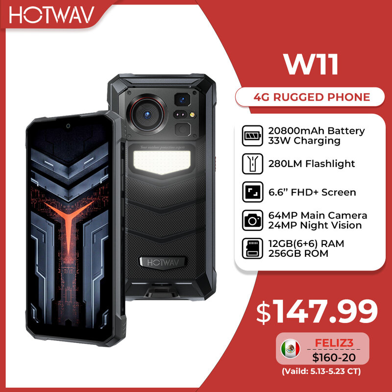 HOTWAV W11 wytrzymały telefon 280 lm latarka 6.6 ''FHD + 20800mAh bateria smartfon 24MP noktowizor 33W szybkie ładowanie telefonu komórkowego