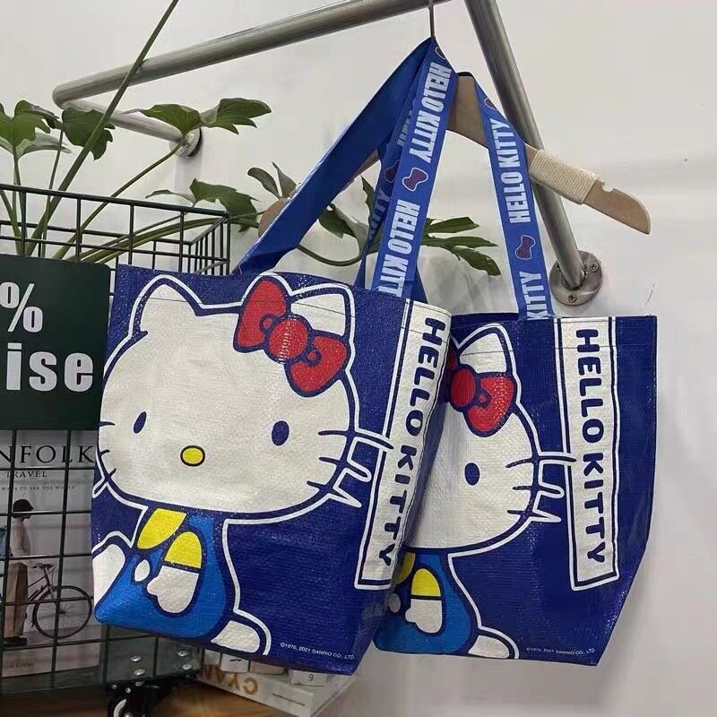 Hellos Kittys borsa per la spesa stampata blu borsa tessuta a mano ad alta capacità ecologica borsa per la spesa carina con una spalla regalo per ragazza