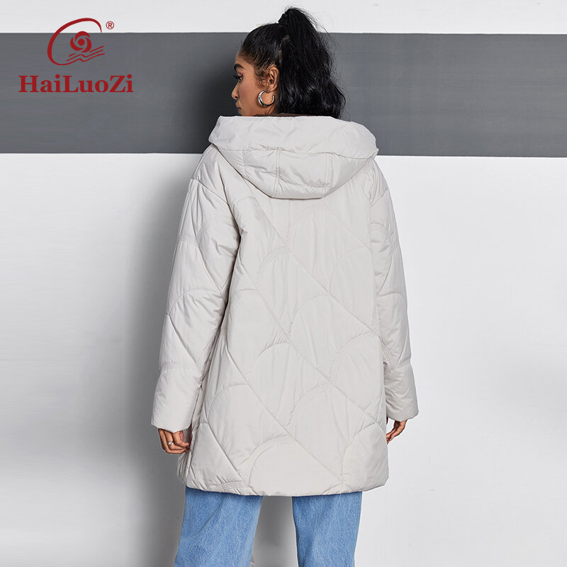 HaiLuoZi 2024 nuova primavera cappotto da donna medio-lungo sottile cotone Slim parka tasche inclinate giacca da donna stile cerniera con cappuccio 12113