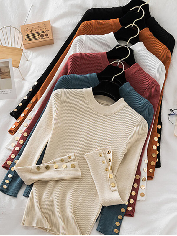 2024 damskie swetry swetry khaki casualowe jesienno-zimowe guziki z okrągłym dekoltem elegancki sweter damskie wąska z dzianiny miękka góra bluzki