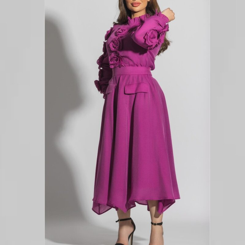 Prom Dress Jersey Flower Ruched Clubbing A-line High Collar Bespoke Occasion Gown Midi Dresses