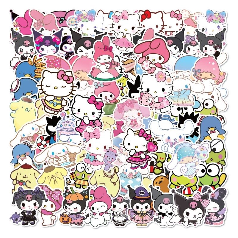Sanrio Hello Kitty Cinnamoroll Anime adesivos impermeáveis, Pacote de cartão de crédito infantil, Kids Diary Decoration, Laptop, 50 100