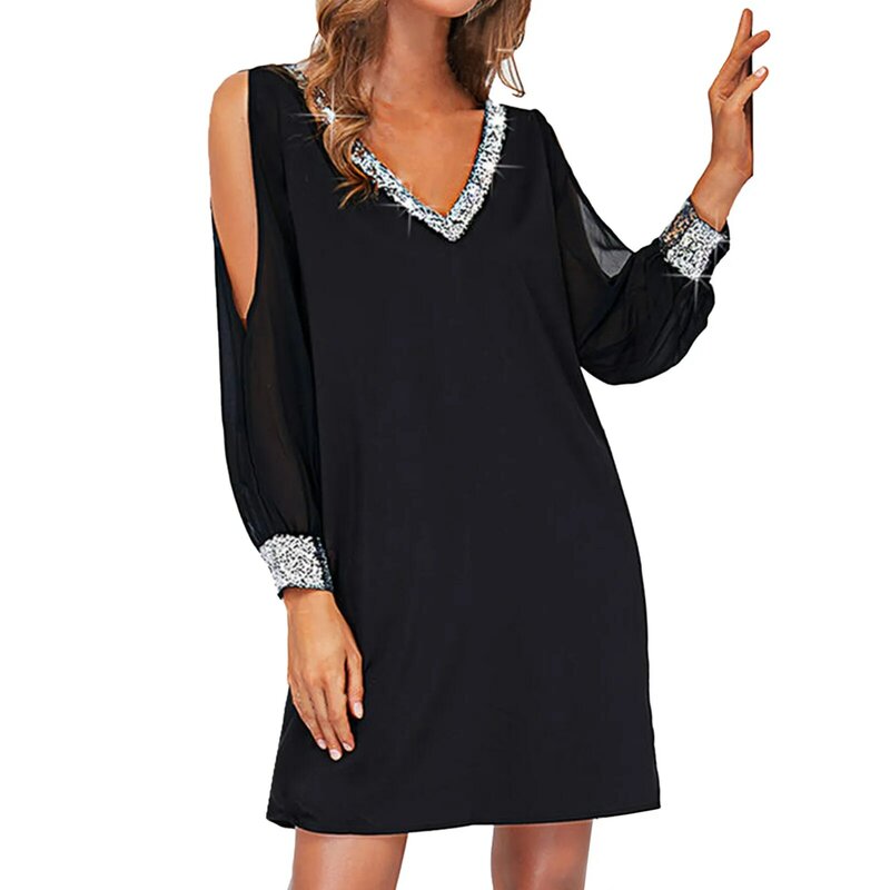 Коктейльные платья для женщин 2024 в стиле ретро, однотонные черные платья с длинным рукавом и V-образным вырезом для женщин, свободные женские платья в стиле ретро, 2024