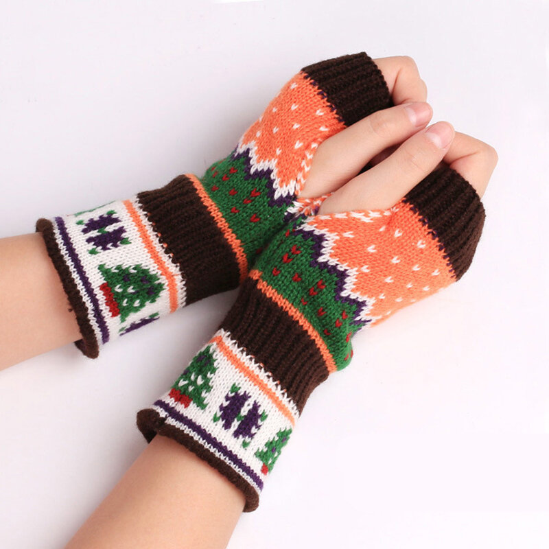 Winter Female Arm Crochet Knitting Faux Wool Mitten Warm Fingerless Gloves Women Half-Finger Gloves Stylish Stitching Color T150