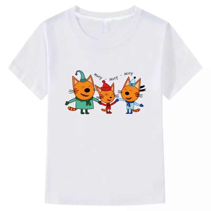 Kaus gambar kartun e-kucing kaus anak perempuan lucu Rusia tiga anak kucing baju atasan anak perempuan bayi laki-laki musim panas