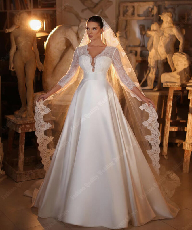 Cetim A-Line Vestidos De Noiva Para Casamento, Tecido Brilhante Liso, Vestidos De Noiva Simples, Comprimento De Esfregar, Princesa Romântica, Moda