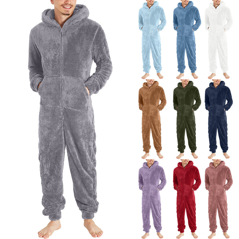 Jumpsuit piyama musim dingin, jumpsuit piyama wol buatan bertudung lengan panjang, pakaian tidur rumah bulu hangat