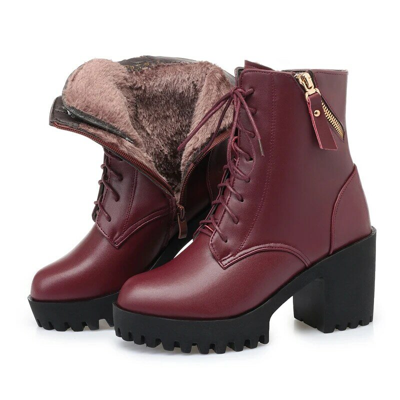 AIYUQI 2024 new winter women boots genuine leather high heel thick heel platform warm wool boots wedding shoes red