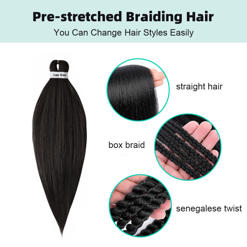 Tranças fáceis Trança de cabelo jumbo para mulheres negras, extensão de cabelo pré esticada, preto natural, cabelo falso sintético, uso diário