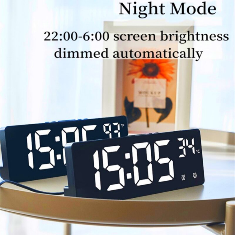 Controle de Voz Despertador Digital, Temperatura, Alarme Duplo, Snooze, Desktop, Mesa, Modo Noturno, 12, 24H, Relógio LED