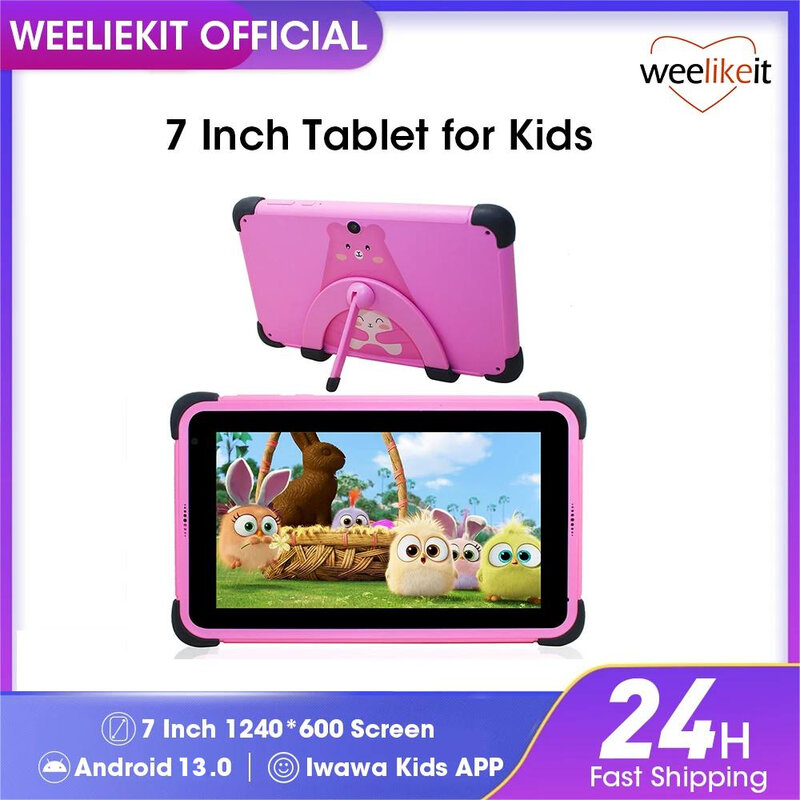 Weelikeit Tablet per bambini da 7 pollici Android 13 1024*600 HD Ouad Core Dual Wifi 2GB 32GB Tablet per bambini per bambini studio con supporto