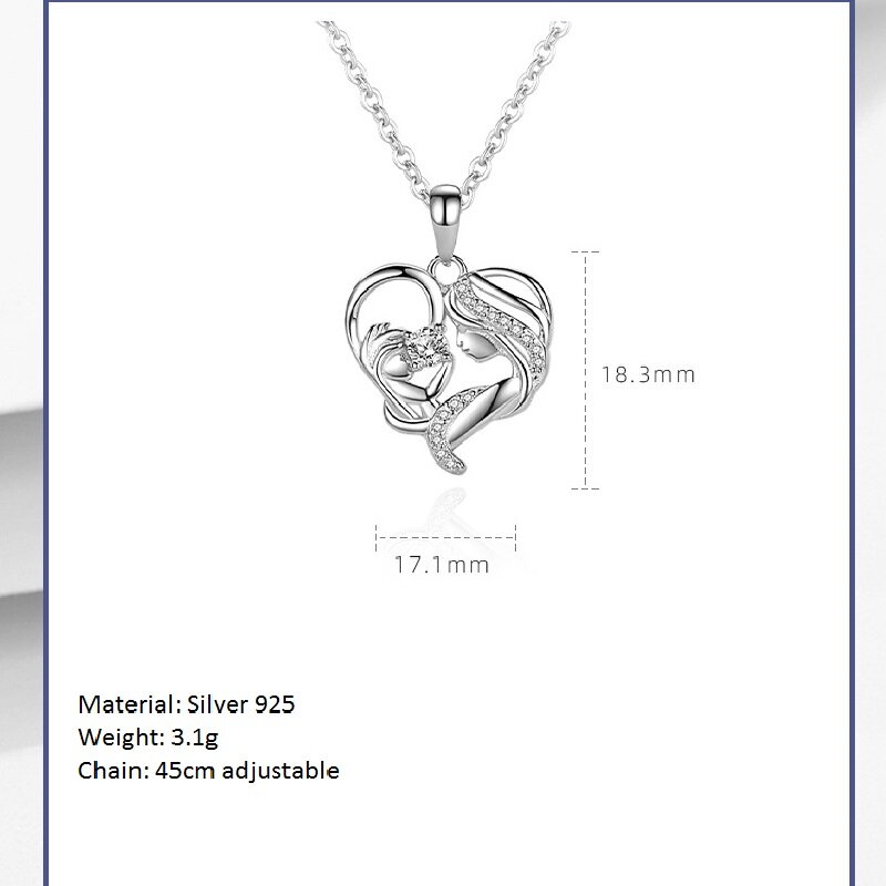 Collar con colgante de corazón de plata 925 auténtica, cadena ajustable de 45cm, joyería para el día de la madre, Regalo para mamá