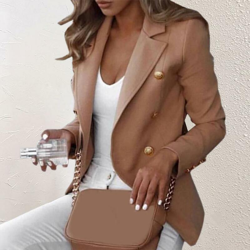 Jaket kardigan Formal untuk wanita, jaket kardigan longgar lengan panjang berkancing dua baris warna polos dengan kantong gaya bisnis Formal untuk wanita