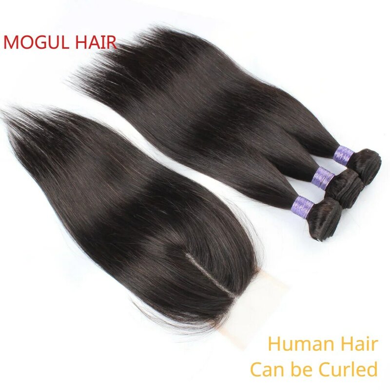 Straight Human Hair 3 Bundles with Closure Transparent Lace Free Middle Part 200g/set Bone Remy Hair Weave Extension Mogul Hair