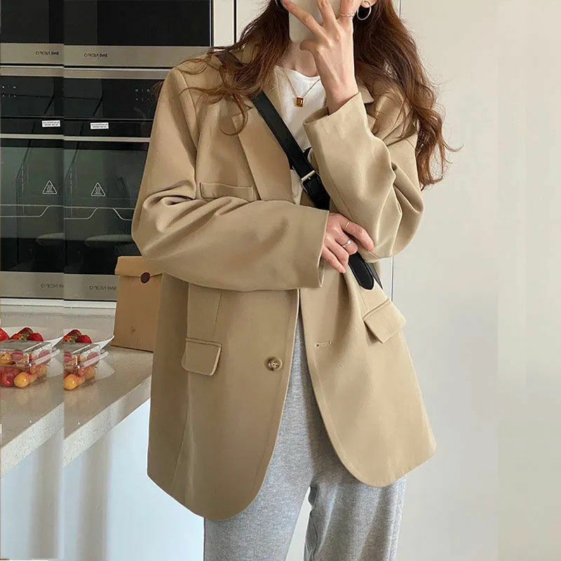 Blazers Woman Casual Solid All-match Korean Style Office Ladies Outwear Simple Elegant Trendy Ins Formal Basic New Autumn Retro