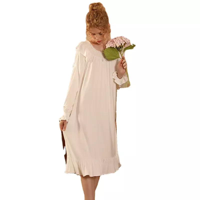 Gaun malam penuh wanita, pakaian tidur jubah putih kasual musim semi musim gugur untuk perempuan