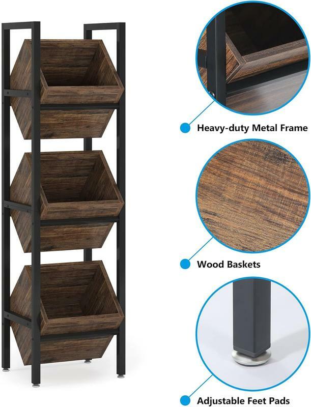 Guarnição-prateleira de madeira para cozinha, banheiro, sala de estar, prateleira de 3 camadas com cestas