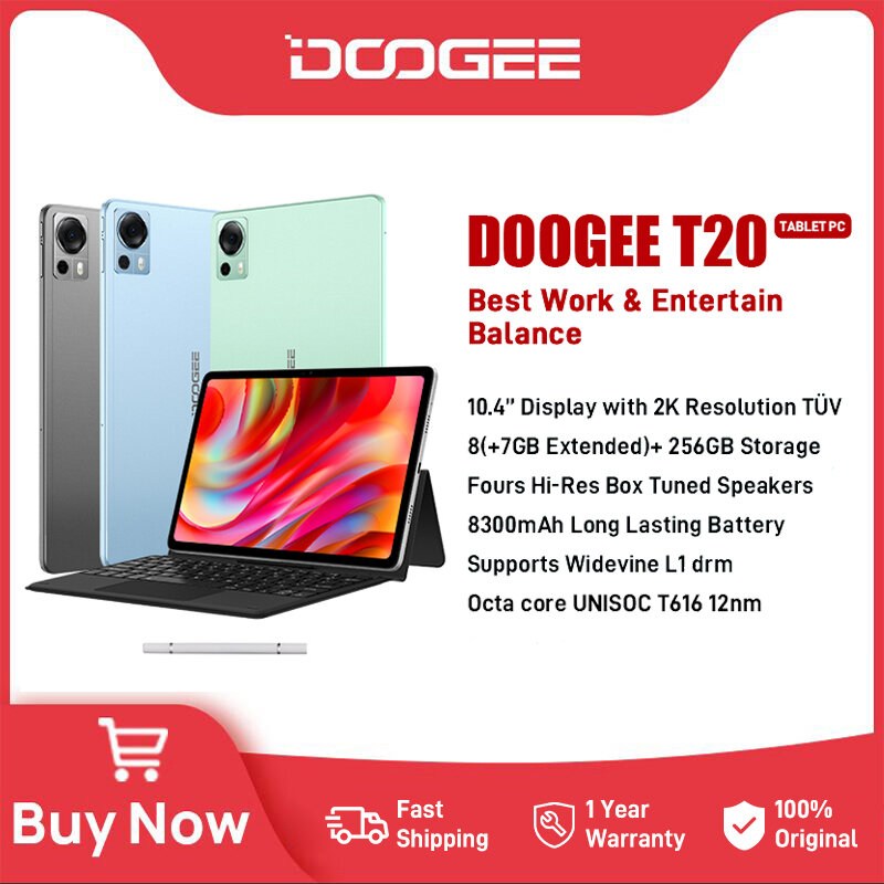 DOOGEE T20 태블릿, 고해상도 박스 튜닝 스피커 4 개, 8GB + 256GB, 10.4 인치 2K TUV 디스플레이, 옥타 코어, 12nm 와이드바인 L1 패드, 8300mAh